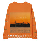 Unisex white sweatshirt featuring a Honeybee Smoothie Winter’s Sunset all-over print by Daemon Luxury, showcasing vibrant, detailed design.