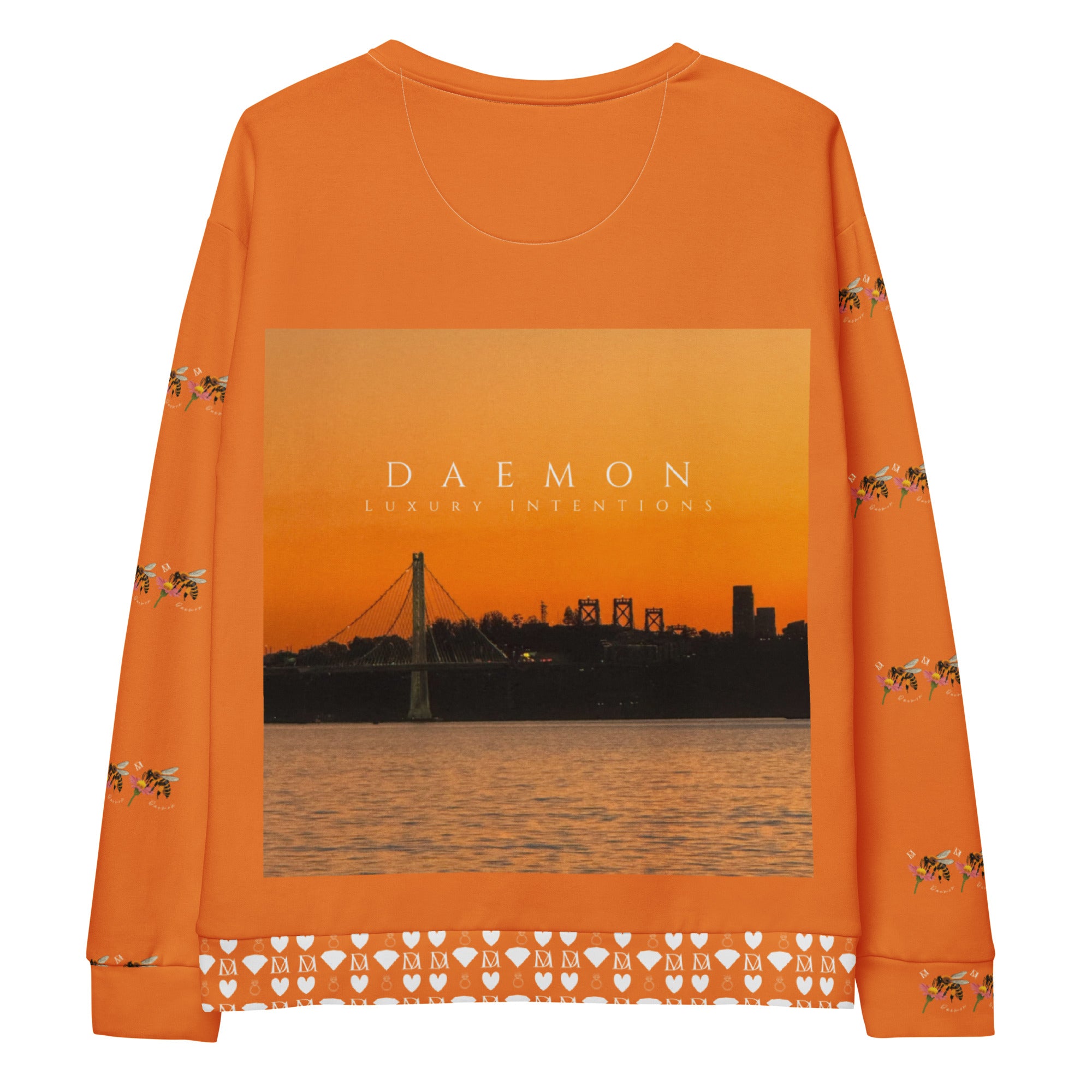 Unisex white sweatshirt featuring a Honeybee Smoothie Winter’s Sunset all-over print by Daemon Luxury, showcasing vibrant, detailed design.
