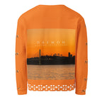 Daemon Luxury Honeybee Smoothie Winter’s Sunset unisex sweatshirt with all-over recycled print, white background and vibrant design.