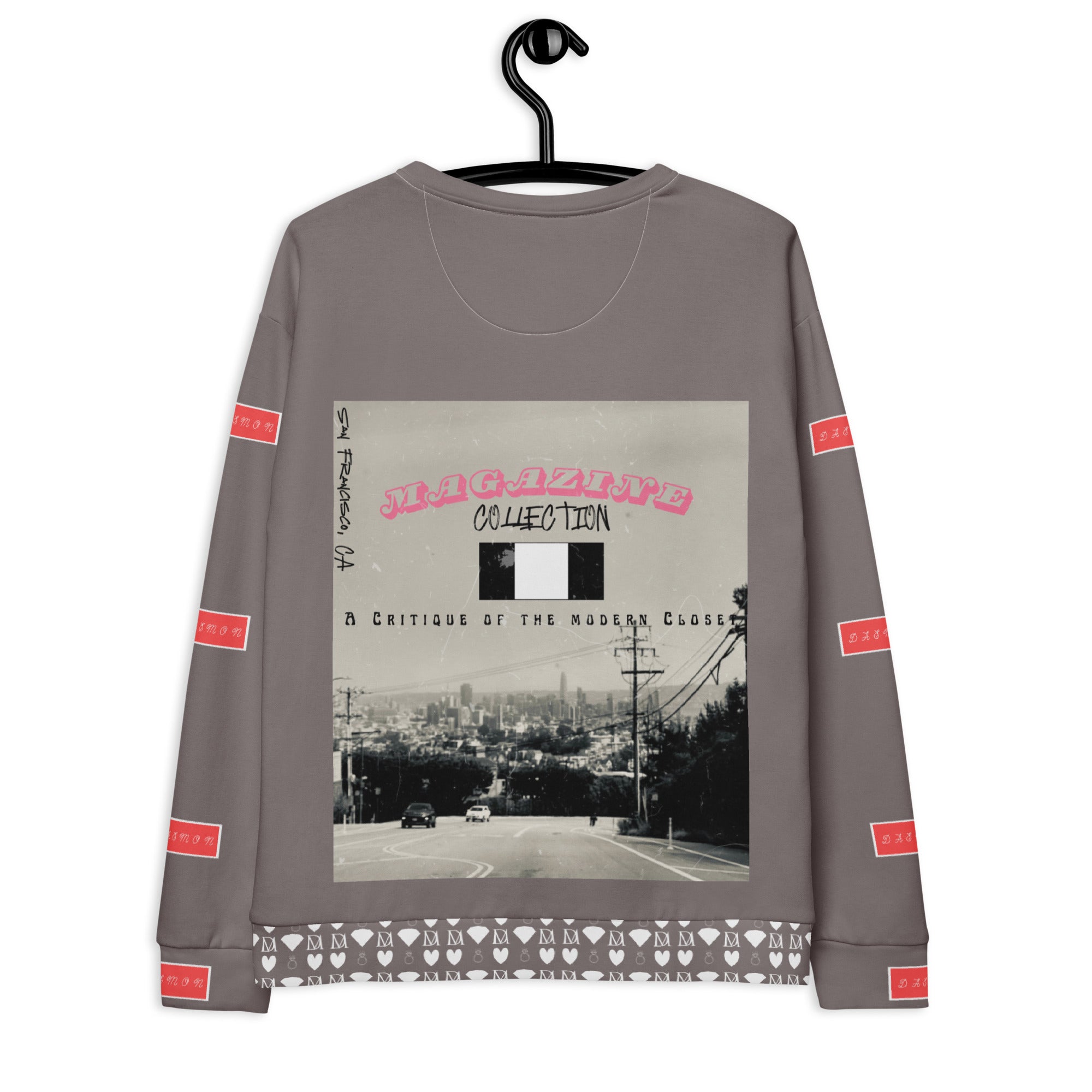 Daemon Luxury Honeybee Smoothie Critiques Tea unisex white recycled all-over-print sweatshirt, back view showing vibrant design.