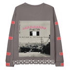 White all-over-print recycled cotton unisex sweatshirt featuring a honeybee smoothie critique design by Daemon Luxury.