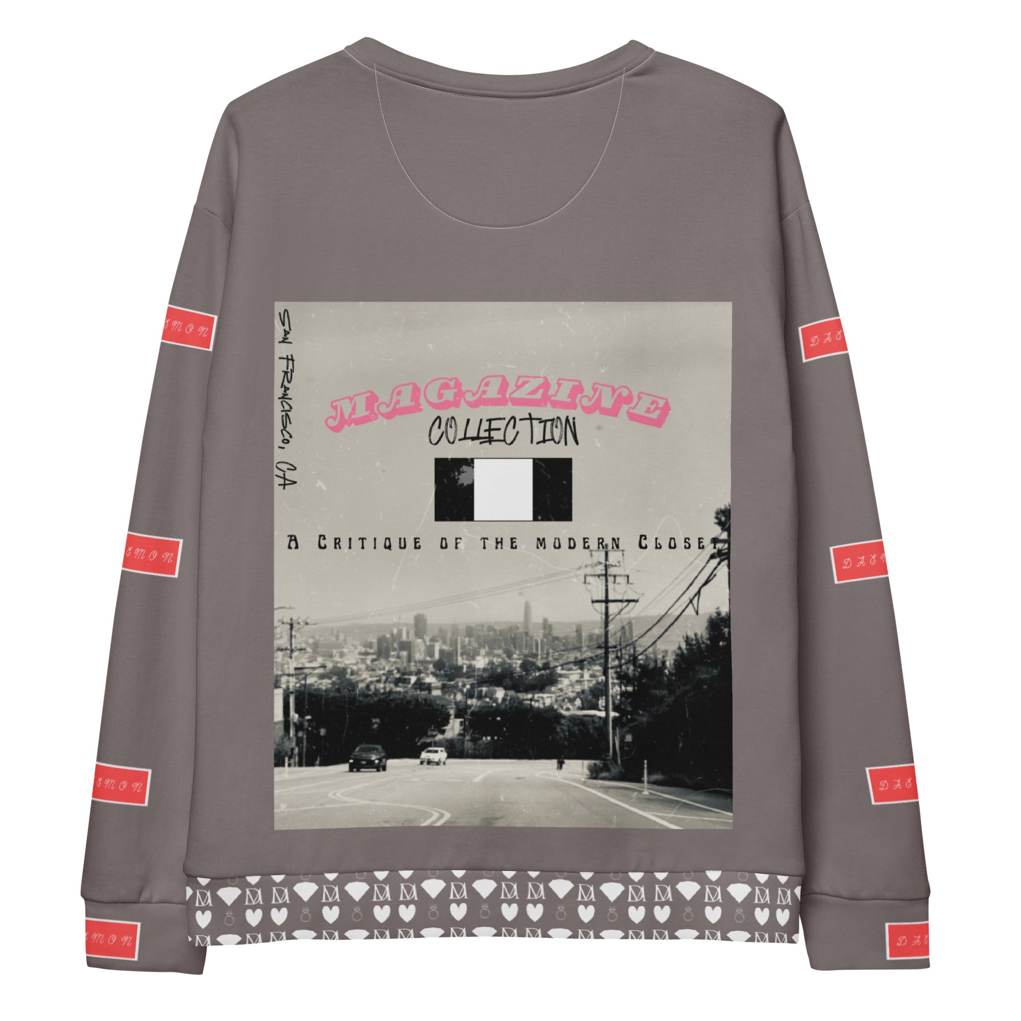 White all-over-print recycled cotton unisex sweatshirt featuring a honeybee smoothie critique design by Daemon Luxury.