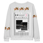 Recycled white unisex sweatshirt with all-over honeybee smoothie print by Daemon Luxury, featuring a relaxed fit and eco-friendly fabric.