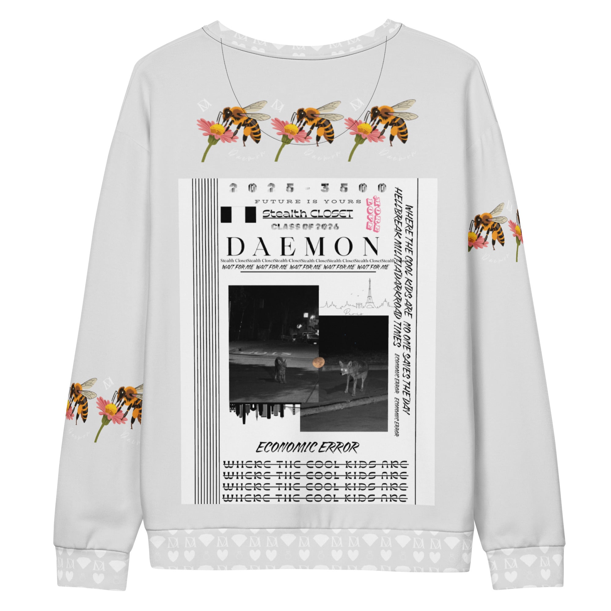 Recycled white unisex sweatshirt with all-over honeybee smoothie print by Daemon Luxury, featuring a relaxed fit and eco-friendly fabric.