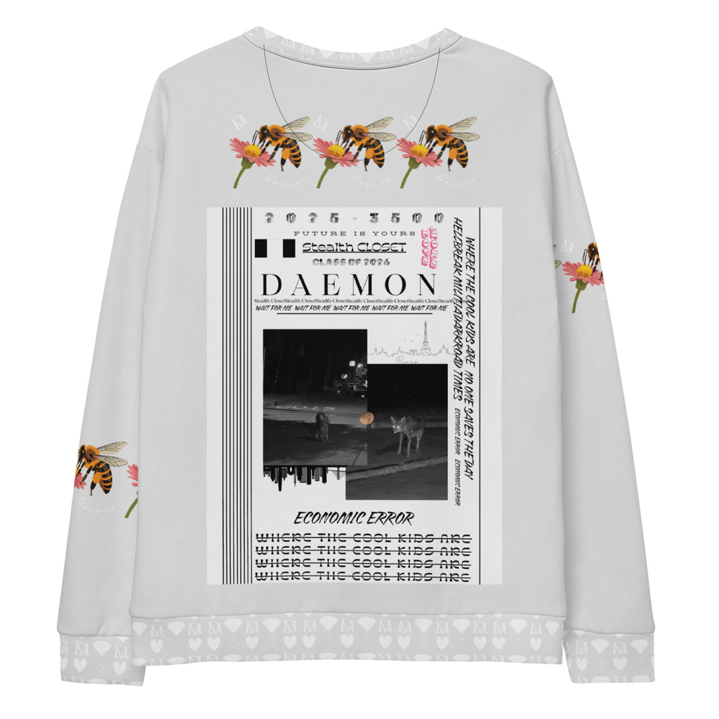 White Daemon Luxury Honeybee Smoothie eco-friendly unisex sweatshirt with all-over honeybee print on the back.