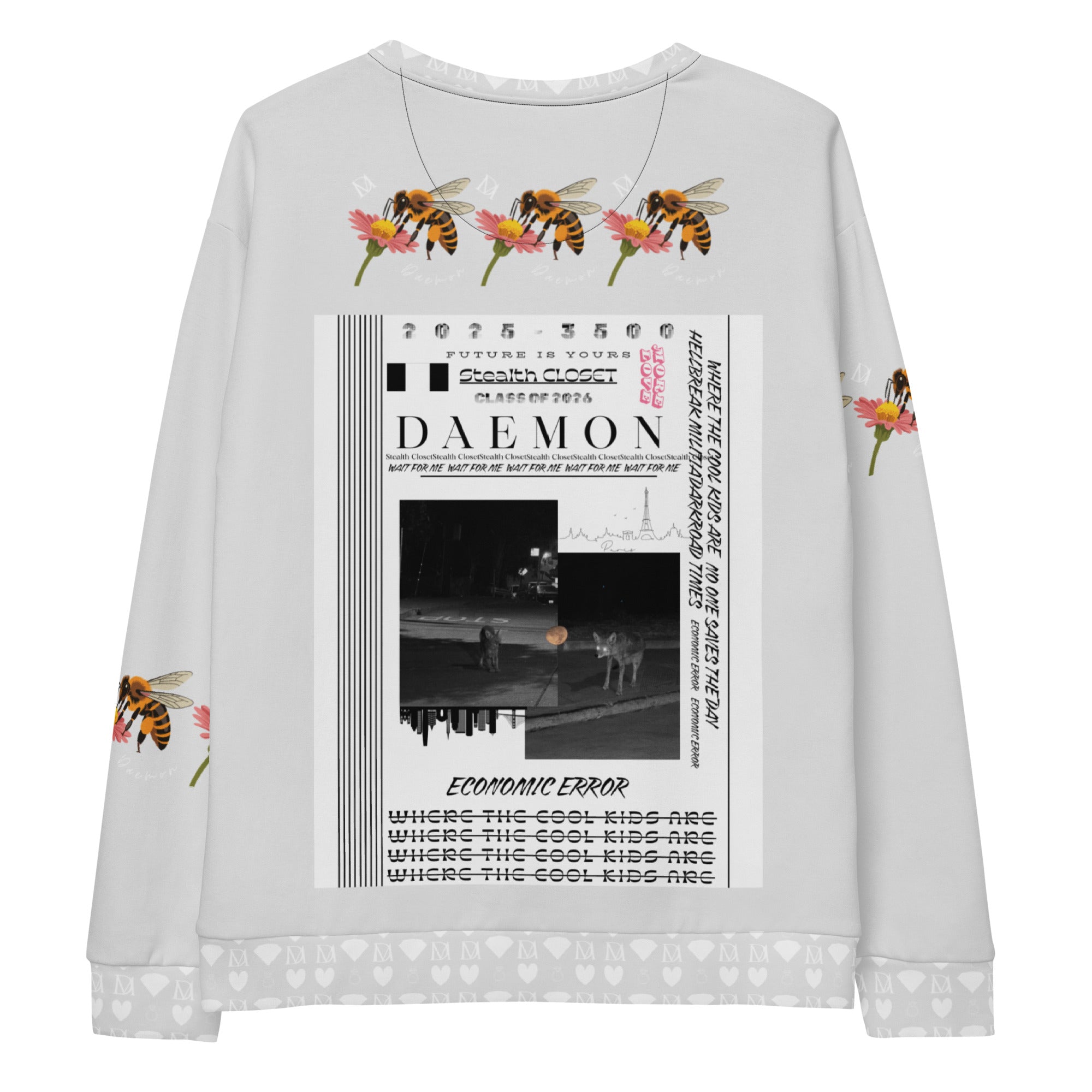 White Daemon Luxury Honeybee Smoothie eco-friendly unisex sweatshirt with all-over honeybee print on the back.
