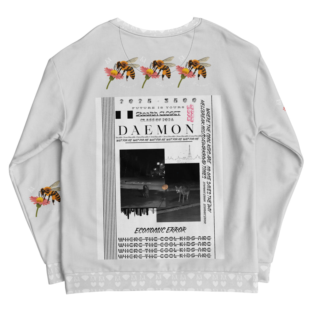 White Daemon Luxury Honeybee Smoothie unisex recycled sweatshirt featuring all-over print on the back.