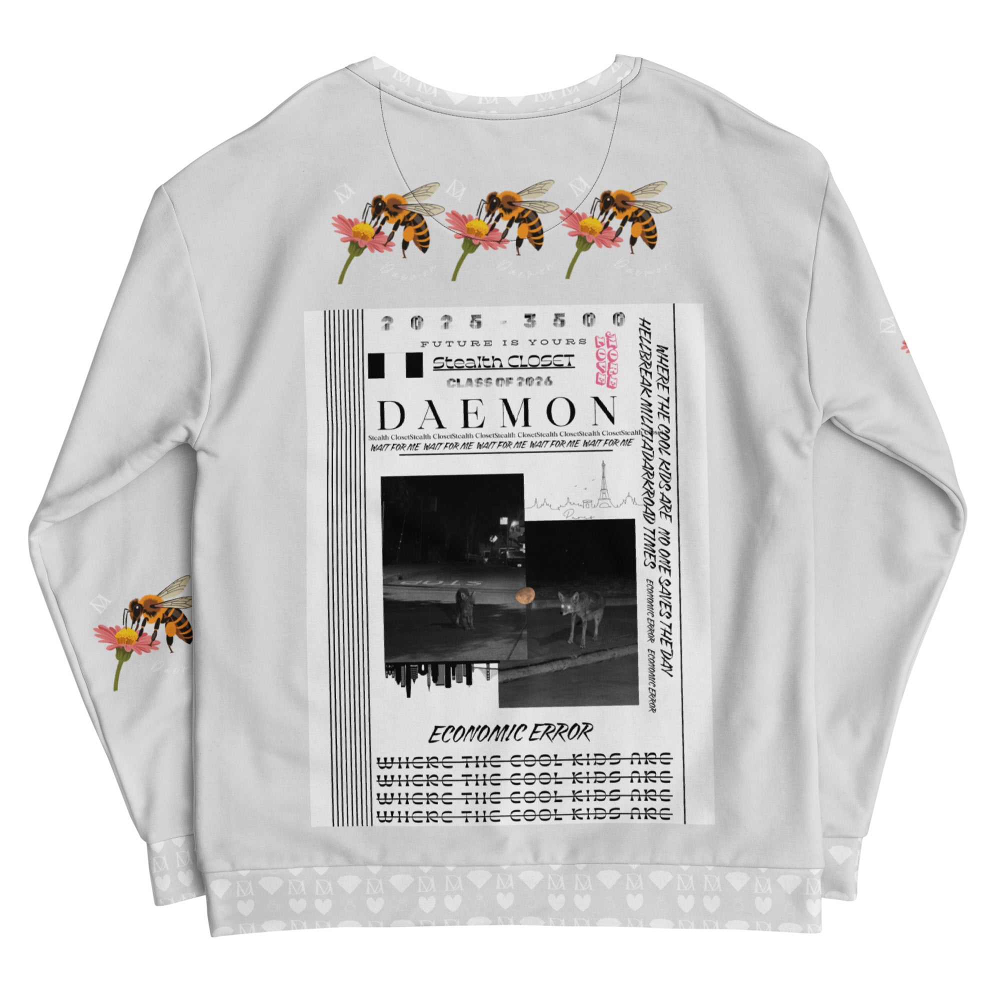 White Daemon Luxury Honeybee Smoothie unisex recycled sweatshirt featuring all-over print on the back.