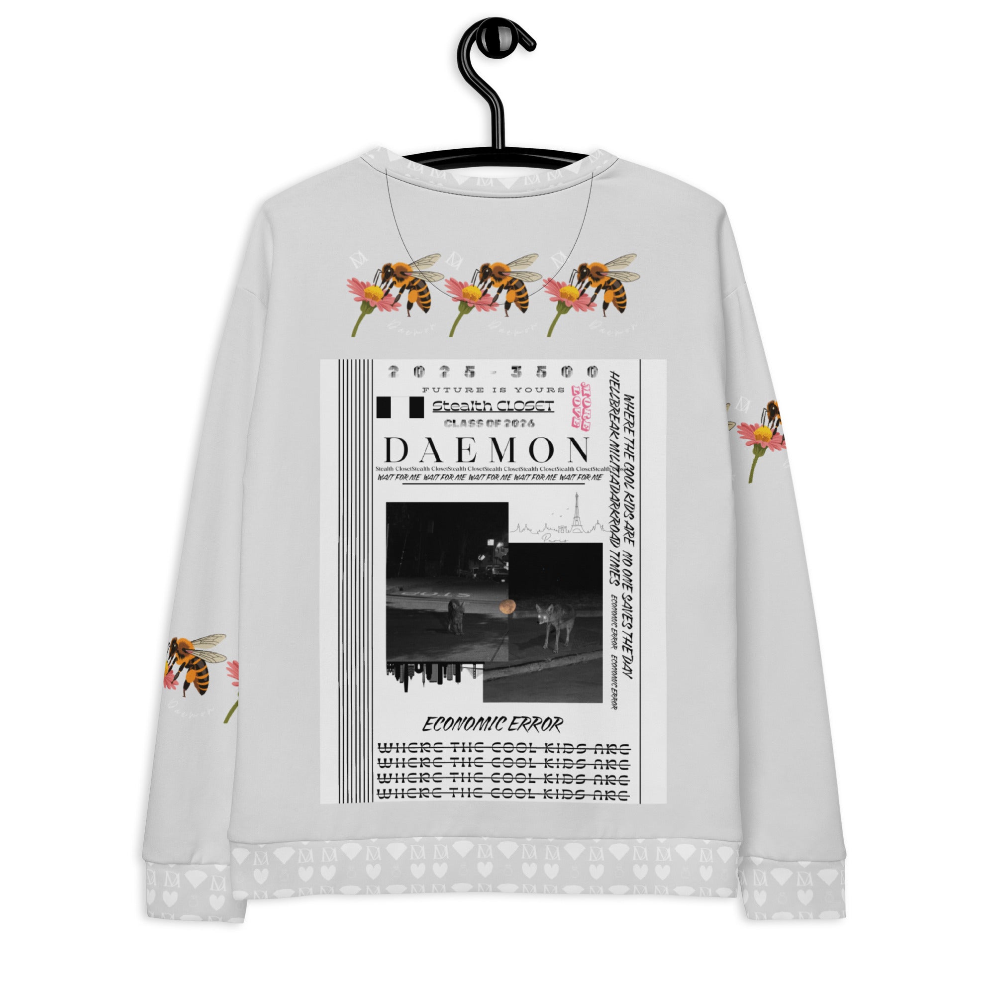White Daemon Luxury Honeybee Smoothie all-over-print recycled unisex sweatshirt, showcasing a vibrant bee design on the back.