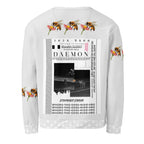 White Daemon Luxury Honeybee Smoothie unisex recycled sweatshirt with all-over print, showcasing a vibrant honeybee and smoothie graphic on the back.