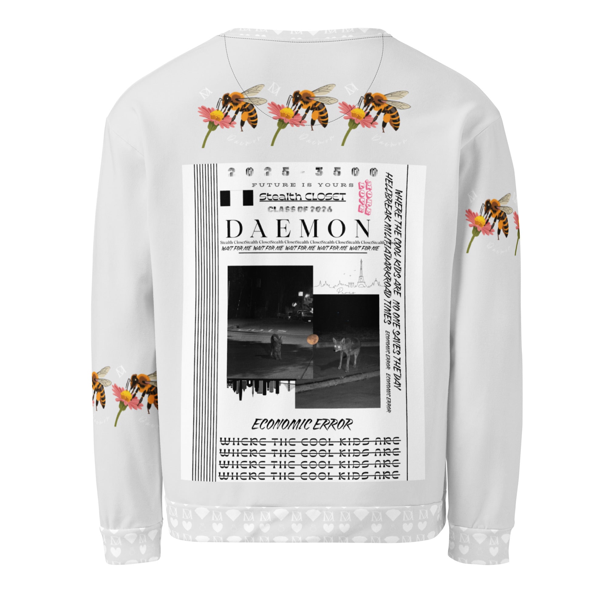 White Daemon Luxury Honeybee Smoothie unisex recycled sweatshirt with all-over print, showcasing a vibrant honeybee and smoothie graphic on the back.