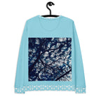 Unisex white Honeybee Smoothie Felpa sweatshirt with all-over skyberry print by Daemon Luxury, back view.