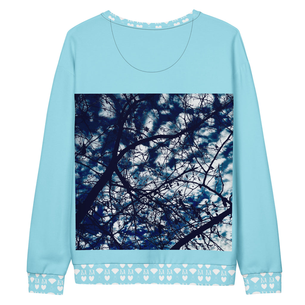White Honeybee Smoothie Skyberries unisex recycled fleece sweatshirt with all-over print, by Daemon Luxury.