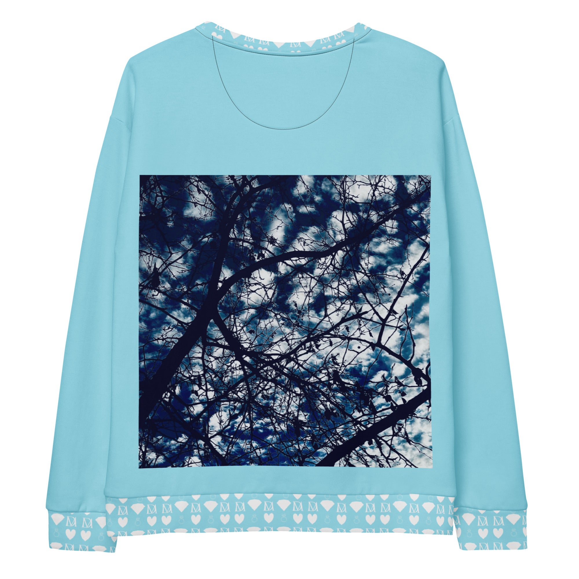 White Daemon Luxury Honeybee Skyberries all-over-print recycled unisex sweatshirt with colorful bee and berry design on the back.
