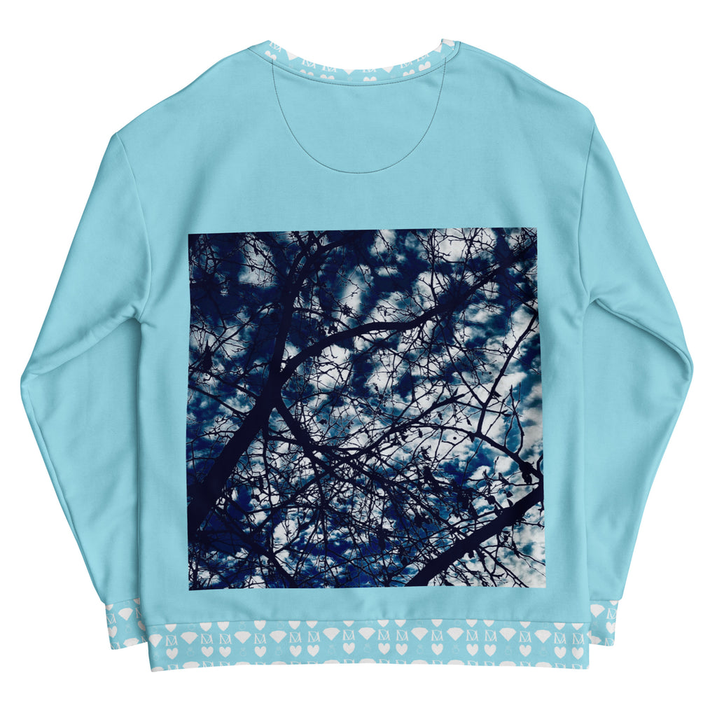 Recycled white unisex sweatshirt with all-over honeybee and skyberries print from Daemon Luxury's Honeybee Smoothie collection.