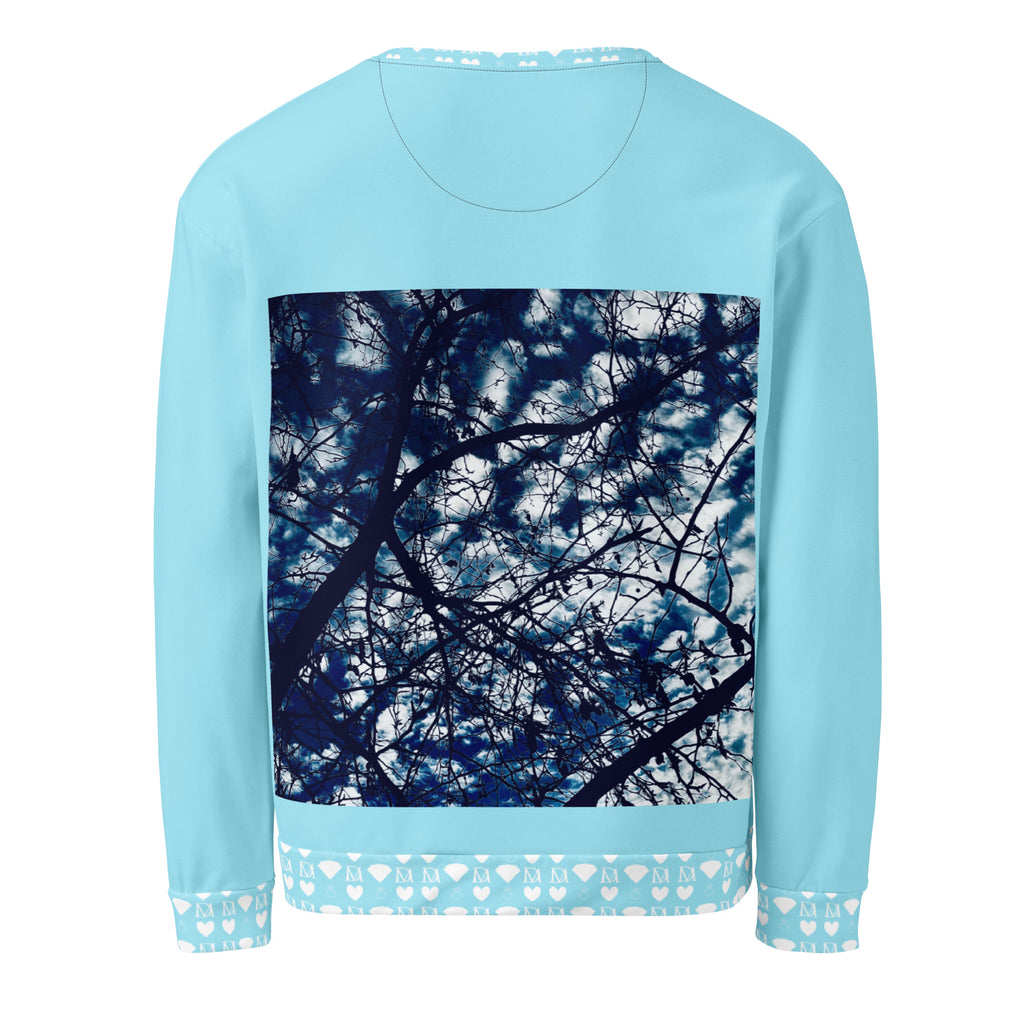 White unisex Honeybee Smoothie Skyberries all-over-print recycled sweatshirt by Daemon Luxury, featuring colorful skyberry and honeybee design.