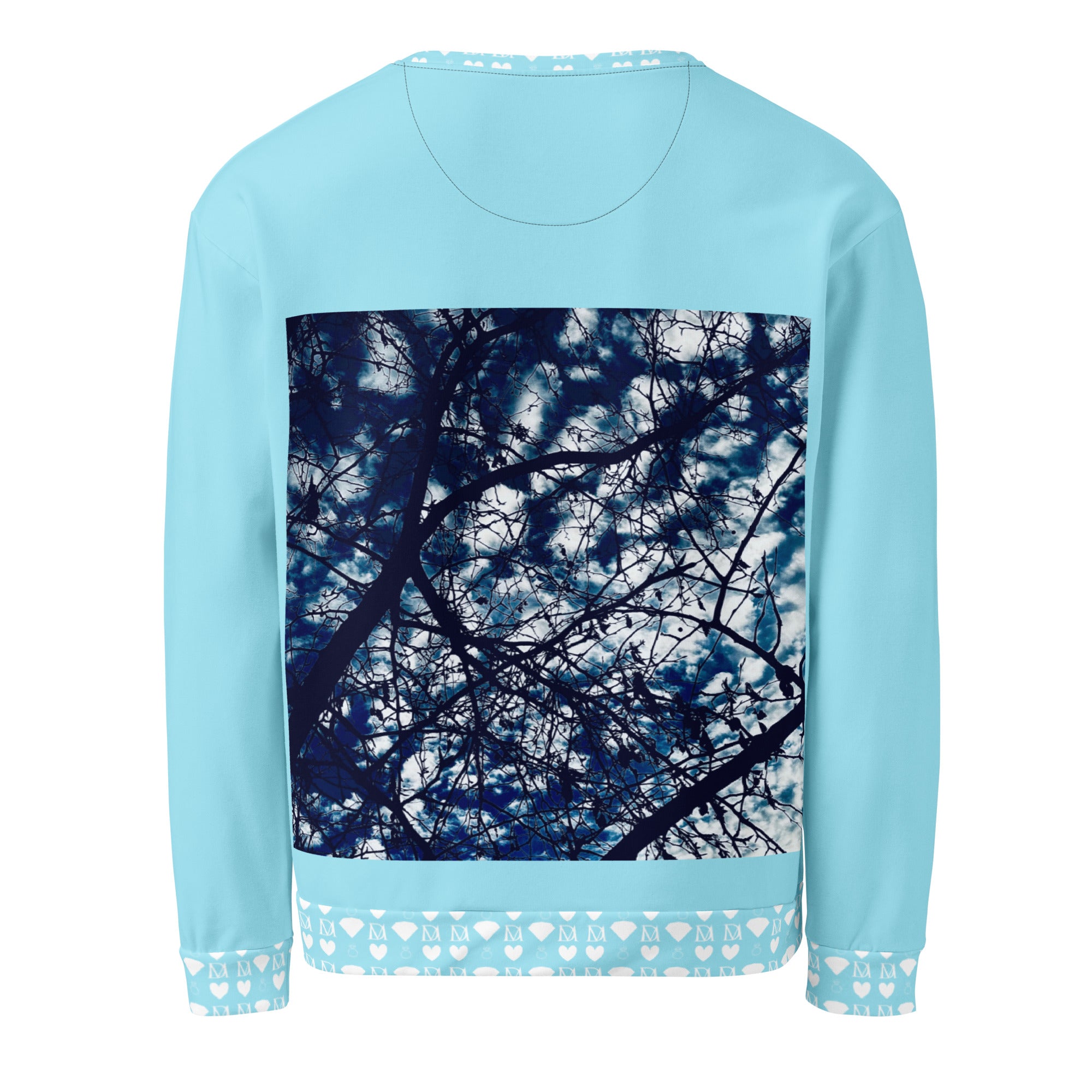 White unisex Honeybee Smoothie Skyberries all-over-print recycled sweatshirt by Daemon Luxury, featuring colorful skyberry and honeybee design.