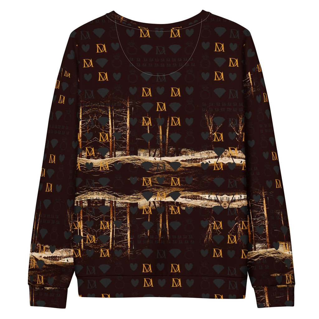 Recycled white unisex sweatshirt with all-over print featuring Nightfather Luv artwork by Daemon Luxury, with hood and casual fit.