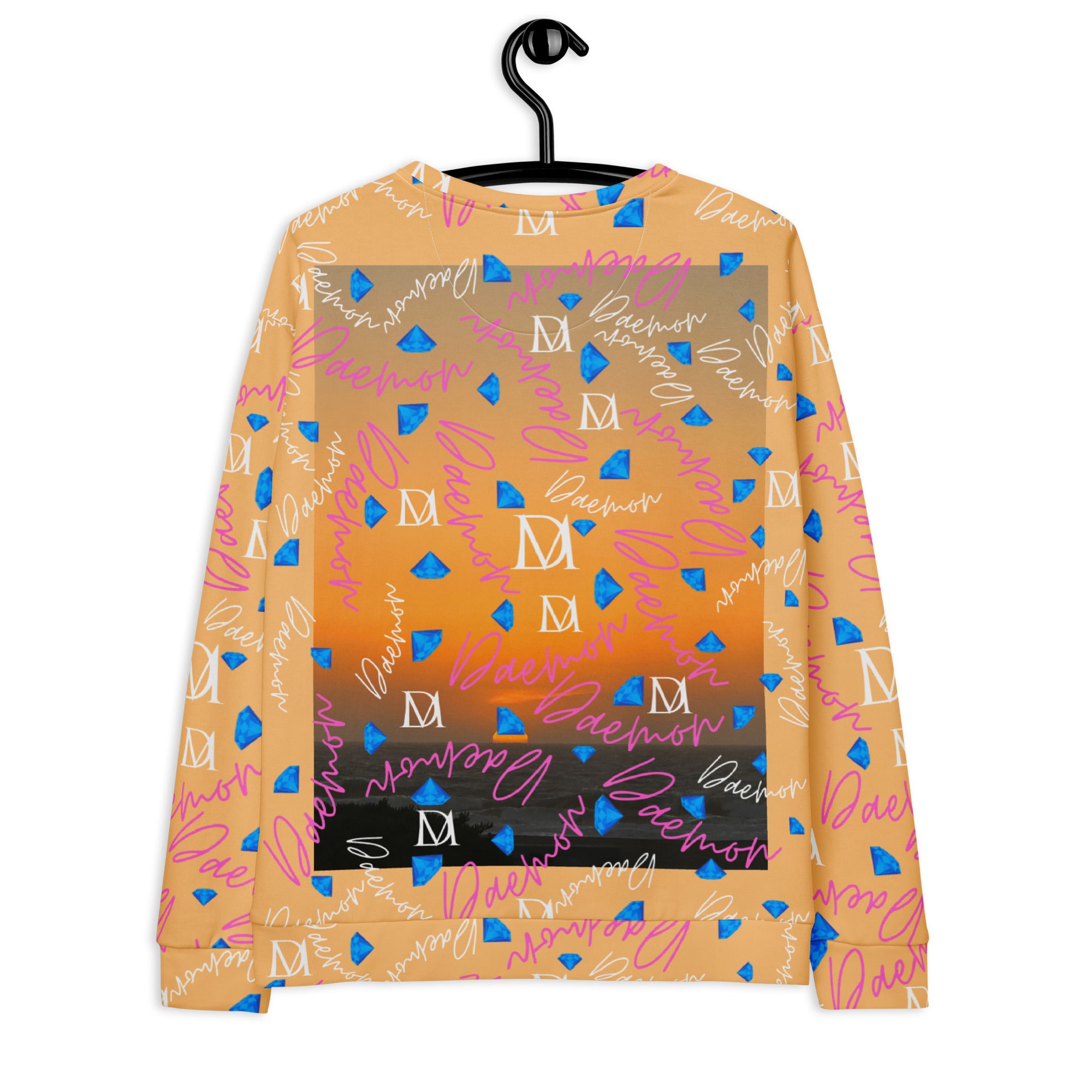 Daemon Luxury Picasso Mirrors Quintara’s Sunset unisex recycled sweatshirt with all-over sunset print on white background.