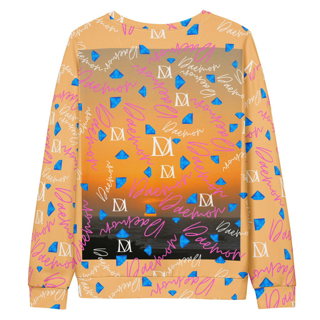 Unisex white recycled sweatshirt featuring all-over Picasso Mirrors Quintara’s Sunset print by Daemon Luxury.