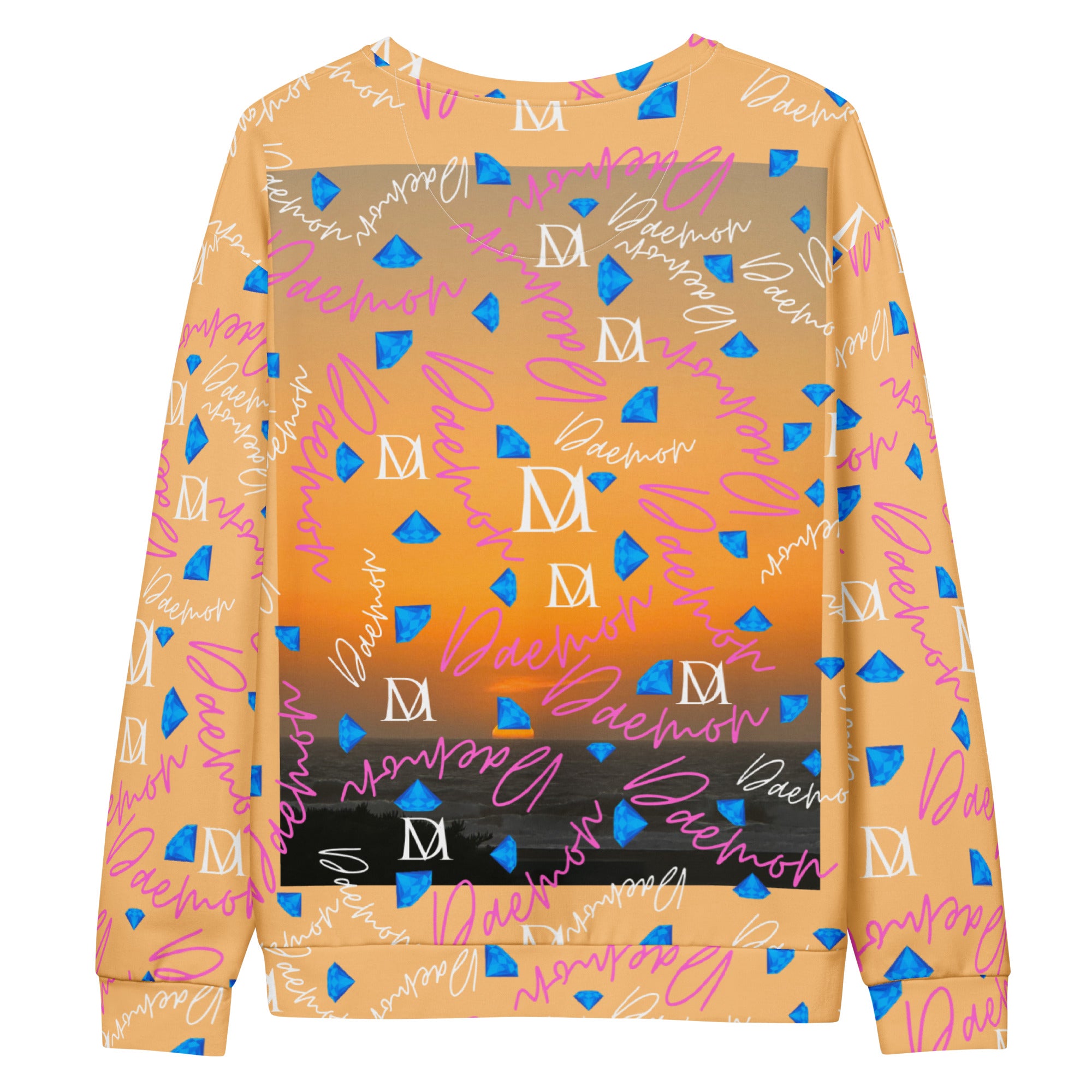 Unisex white recycled sweatshirt featuring all-over Picasso Mirrors Quintara’s Sunset print by Daemon Luxury.