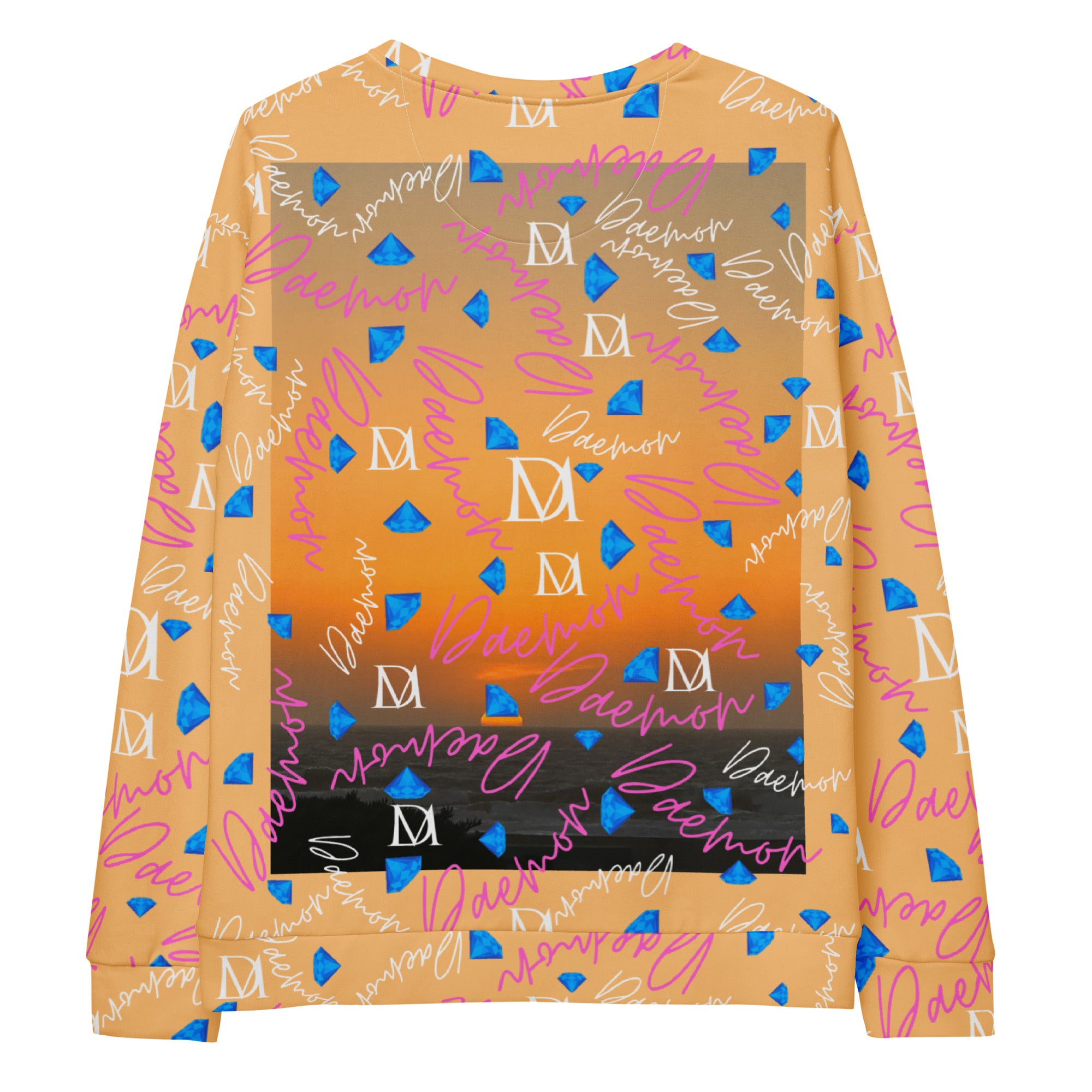 All-over print white recycled unisex sweatshirt featuring Picasso Mirrors Quintara’s Sunset artwork by Daemon Luxury.