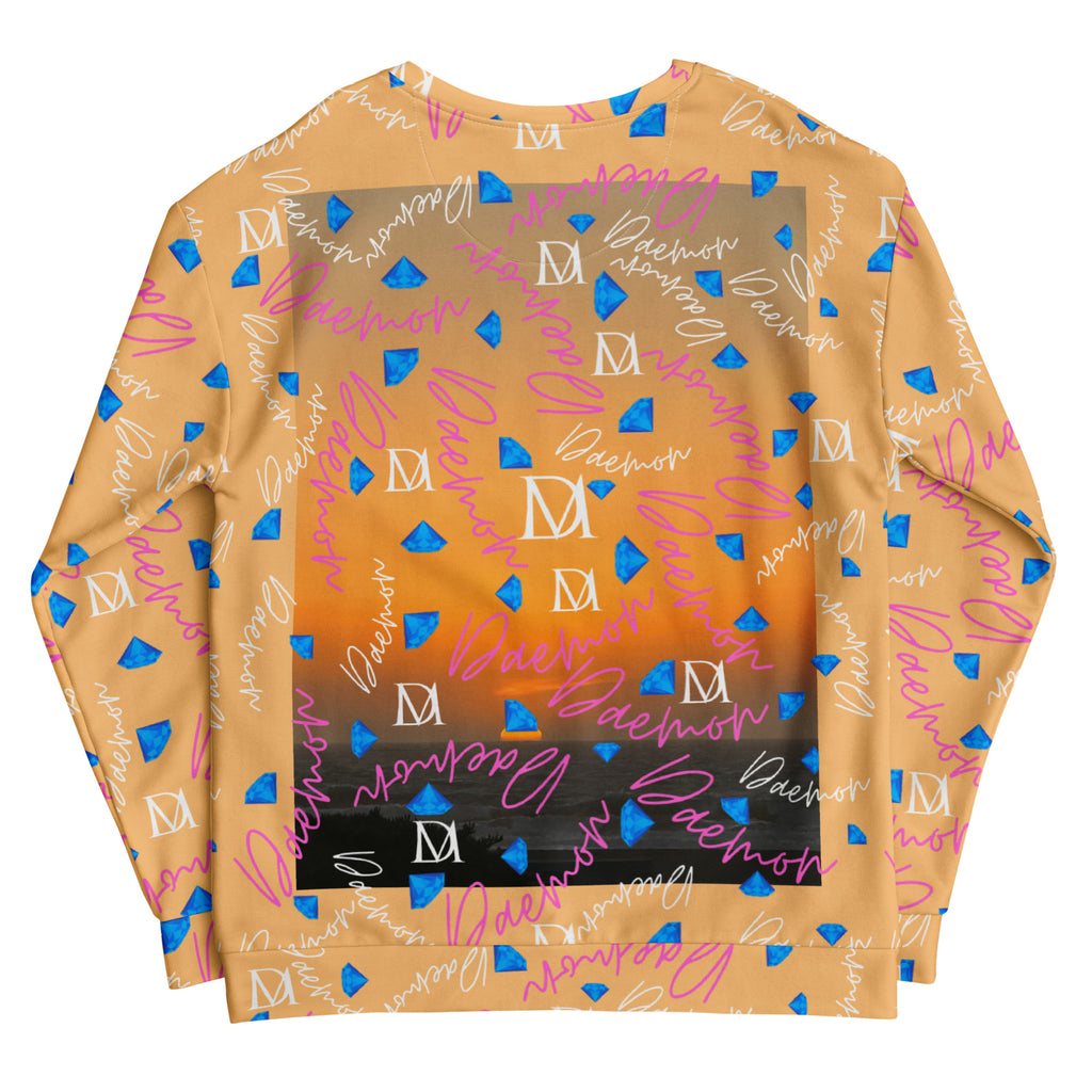 Recycled white unisex sweatshirt featuring all-over print of Picasso Mirrors Quintara’s Sunset by Daemon Luxury.