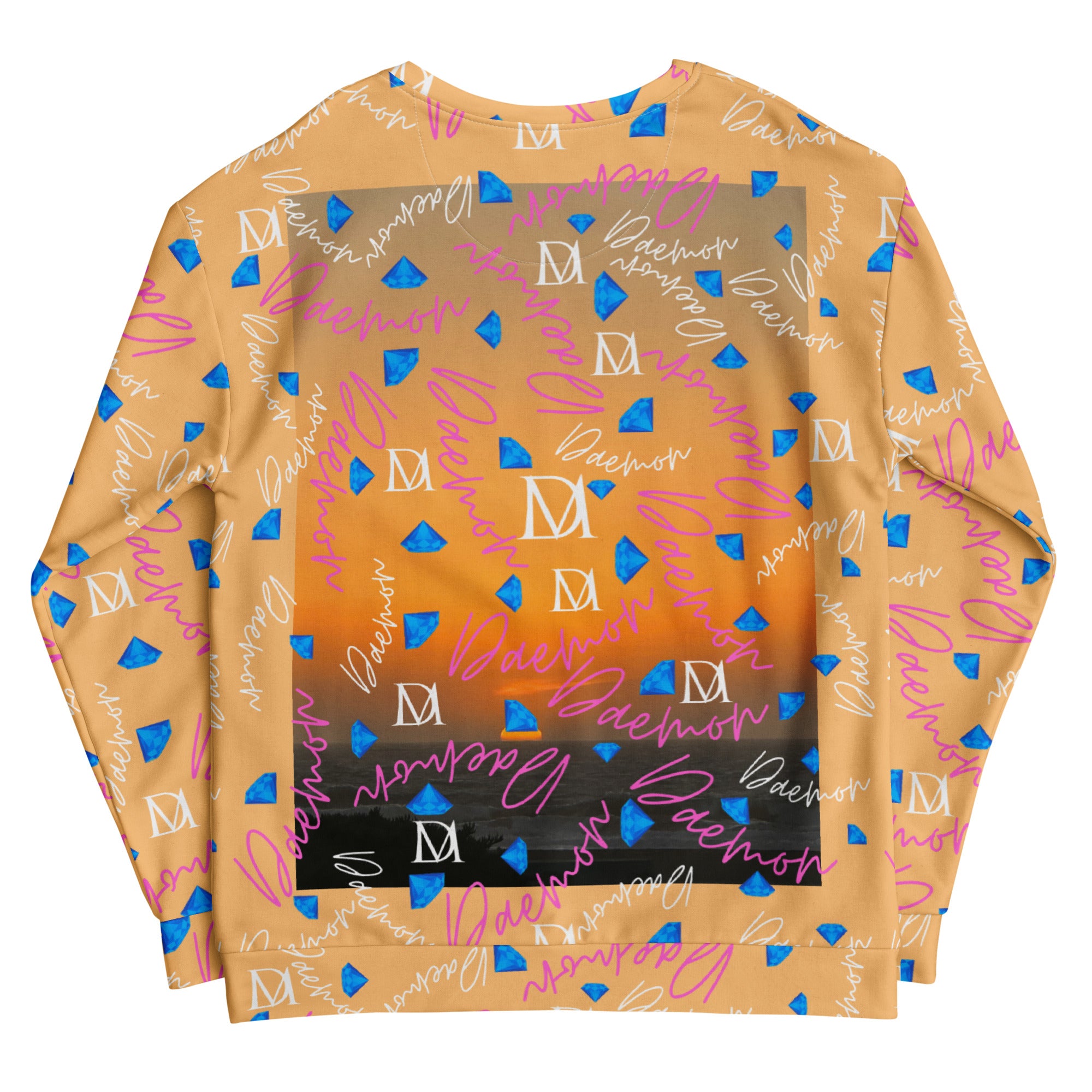 Recycled white unisex sweatshirt featuring all-over print of Picasso Mirrors Quintara’s Sunset by Daemon Luxury.