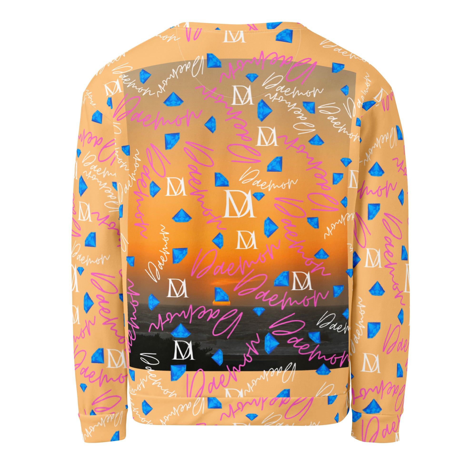 Unisex white recycled sweatshirt featuring all-over print of Picasso Mirrors Quintara’s Sunset design by Daemon Luxury.