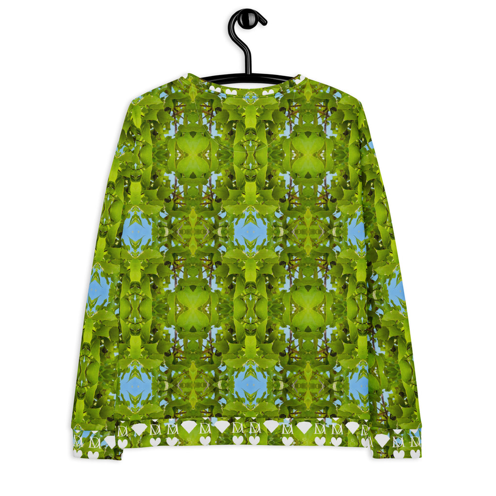 Daemon Luxury Belly Red’s Garden Rebirth unisex recycled sweatshirt with all-over print on white fabric, back view.