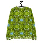 Daemon Luxury Belly Red’s Garden Rebirth unisex recycled sweatshirt with all-over print on white fabric, back view.