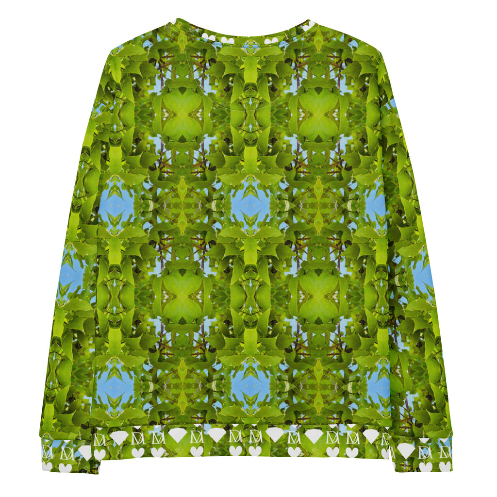 Daemon Luxury Belly Red’s Garden Rebirth unisex white recycled sweatshirt with all-over print, showcasing vibrant botanical designs.