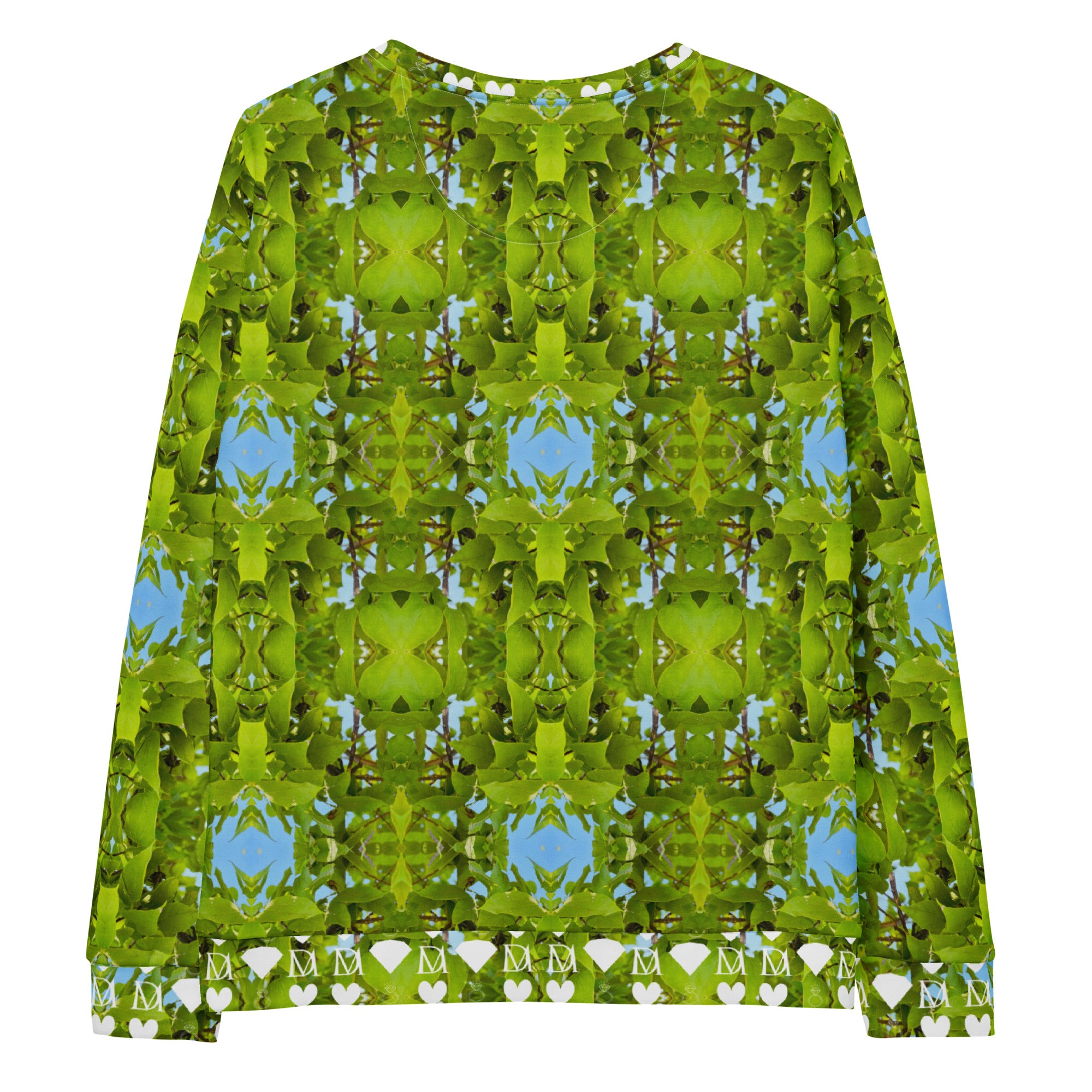 Daemon Luxury Belly Red’s Garden Rebirth unisex white recycled sweatshirt with all-over print, showcasing vibrant botanical designs.