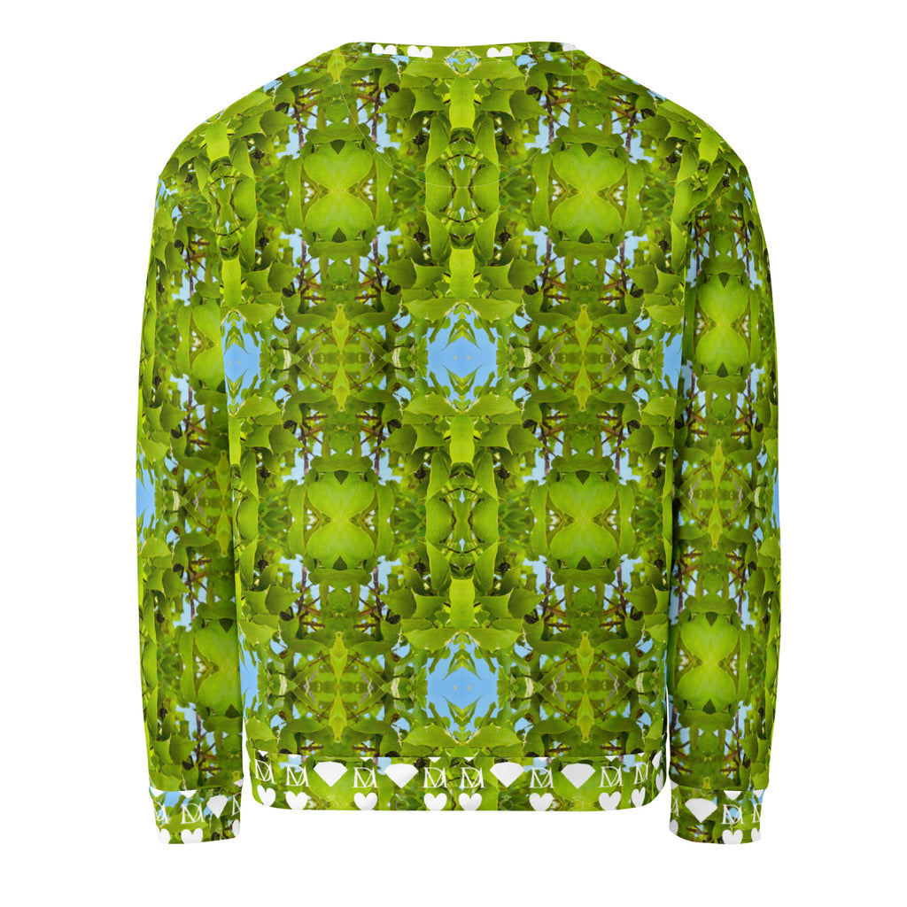 Daemon Luxury Belly Red’s Garden (Rebirth) unisex recycled cotton sweatshirt with all-over garden print on white background.