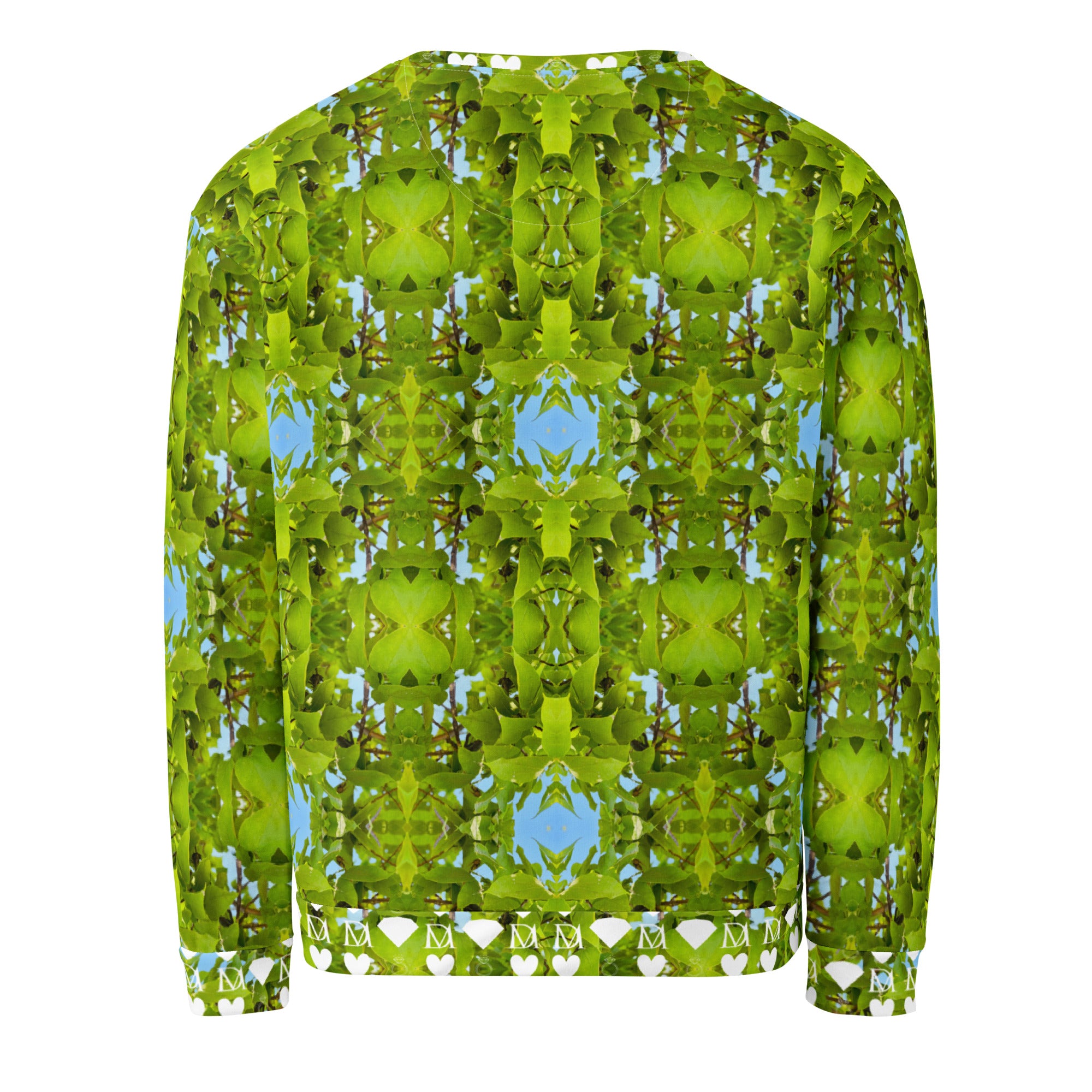 Daemon Luxury Belly Red’s Garden (Rebirth) unisex recycled cotton sweatshirt with all-over garden print on white background.