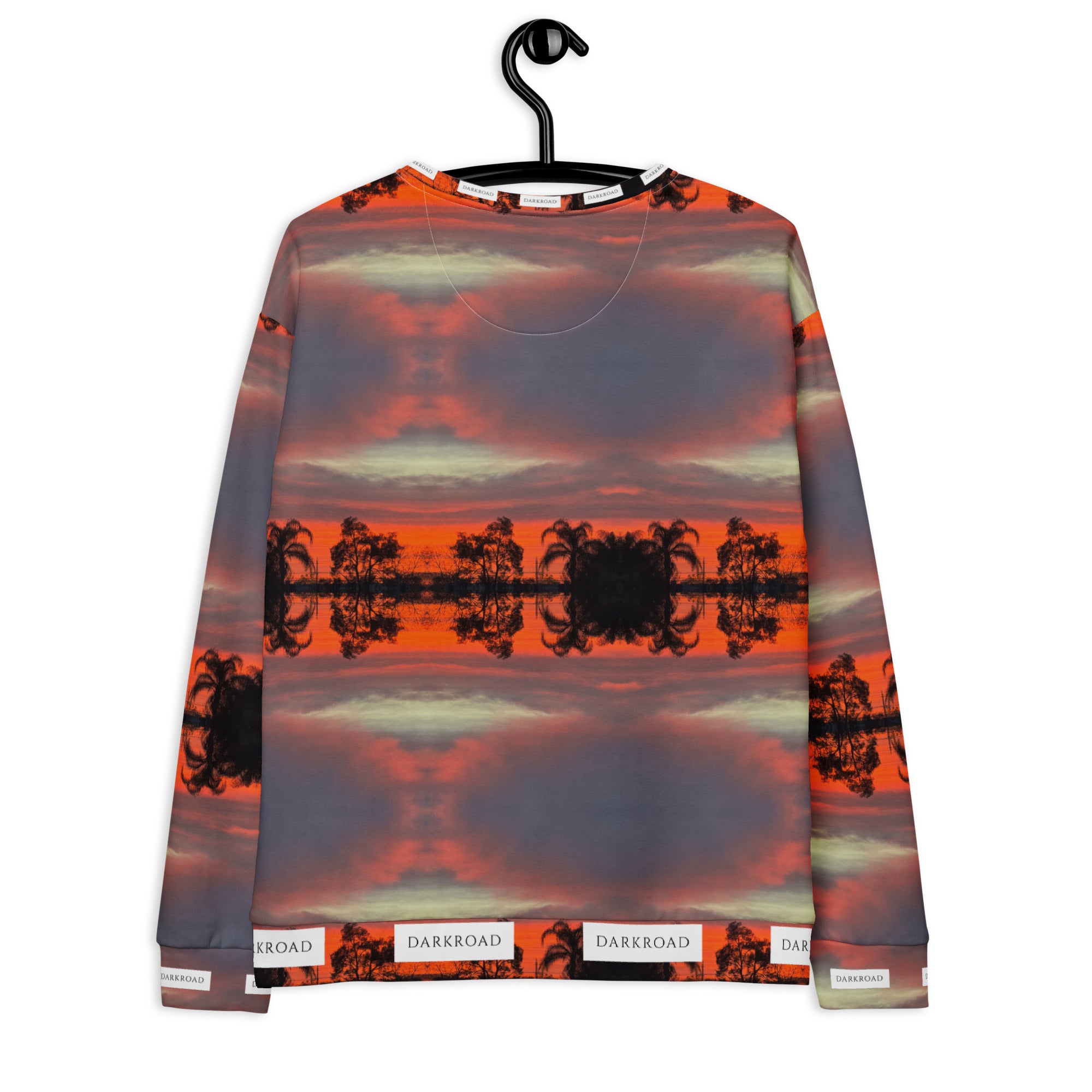 White all-over print recycled unisex DARKROAD (HELLBREAK) sweatshirt by Daemon Luxury, shown from the back.
