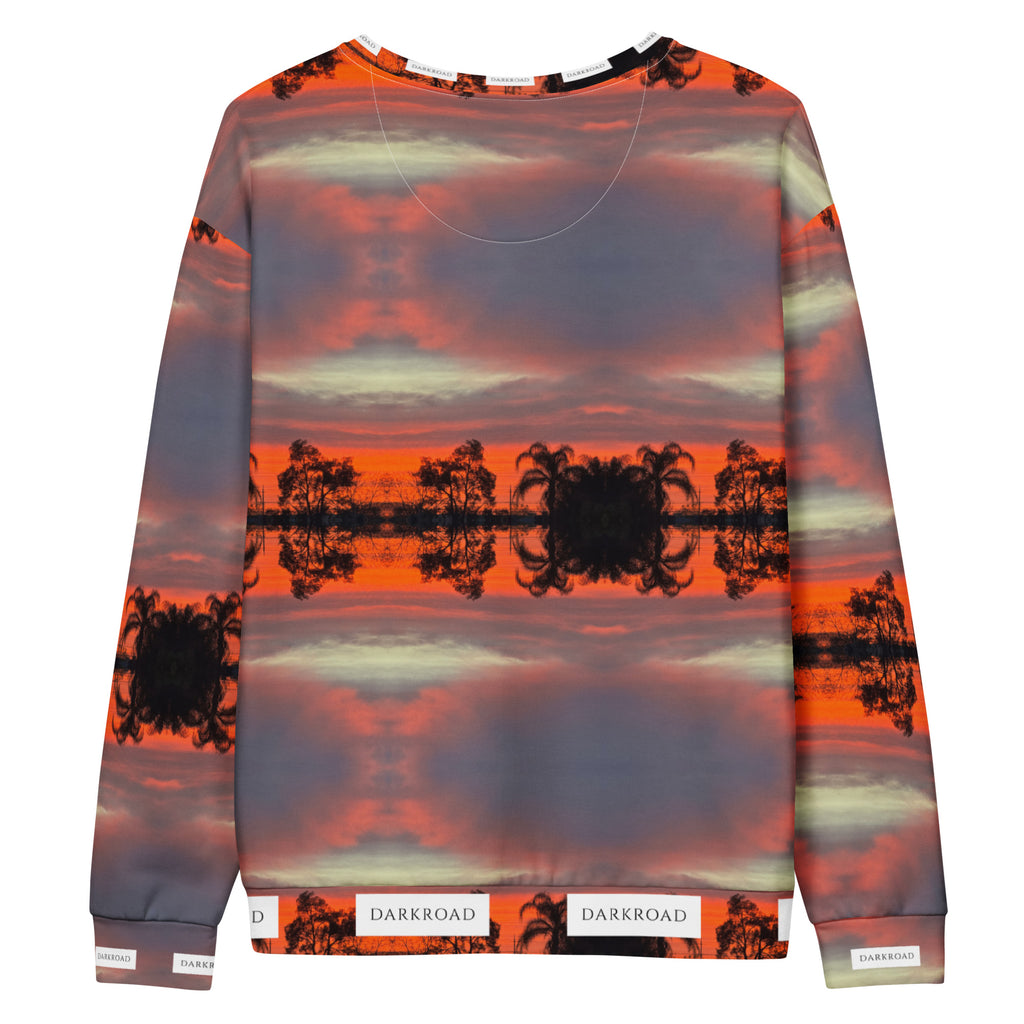 All-over white recycled unisex sweatshirt featuring Darkroad Hellbreak print by Daemon Luxury, showing the back view.
