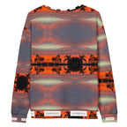 All-over white recycled unisex sweatshirt featuring Darkroad Hellbreak print by Daemon Luxury, showing the back view.