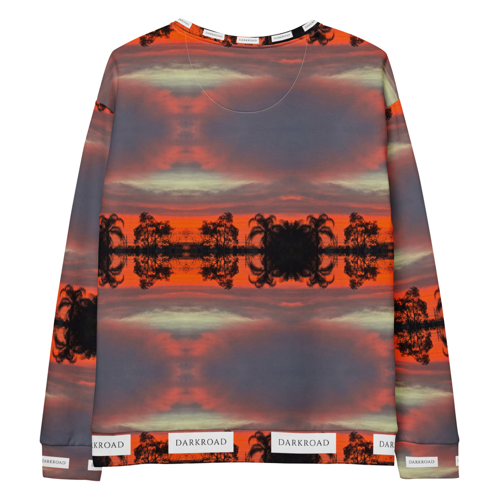 Daemon Luxury DARKROAD Hellbreak unisex recycled all-over print white sweatshirt, showing back view with bold graphic design.