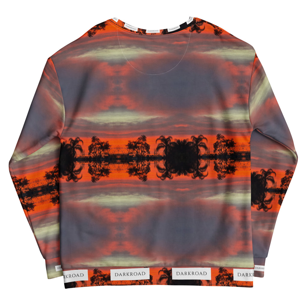 White all-over-print recycled unisex sweatshirt featuring dark, bold graphic design from Daemon Luxury's DARKROAD HELLBREAK collection.