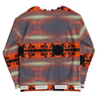 White all-over-print recycled unisex sweatshirt featuring dark, bold graphic design from Daemon Luxury's DARKROAD HELLBREAK collection.