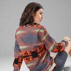 Darkroad Hellbreak recycled unisex sweatshirt by Daemon Luxury with all-over white print, showing the back view.