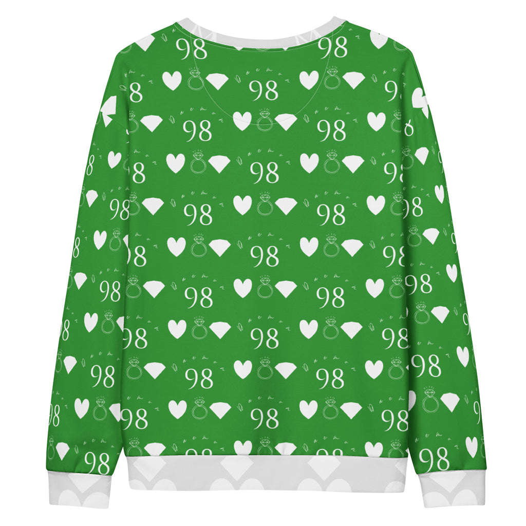 Daemon Luxury Belly Red’s Garden Enriched unisex white sweatshirt with colorful all-over garden print and recycled fabric.