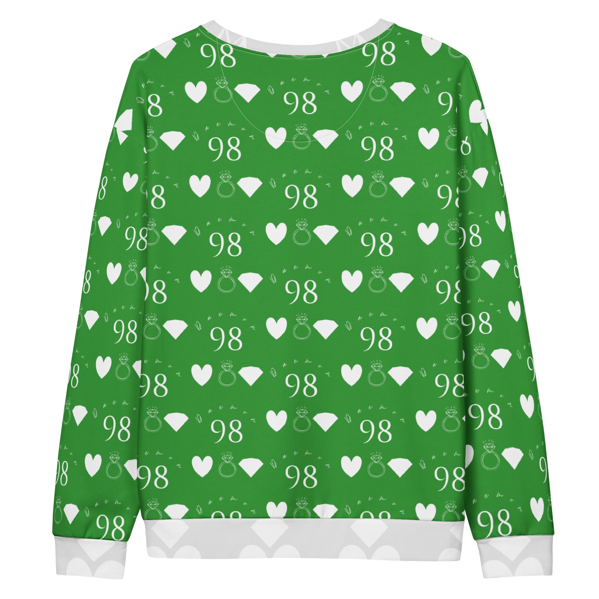 Daemon Luxury Belly Red’s Garden Enriched unisex white sweatshirt with colorful all-over garden print and recycled fabric.