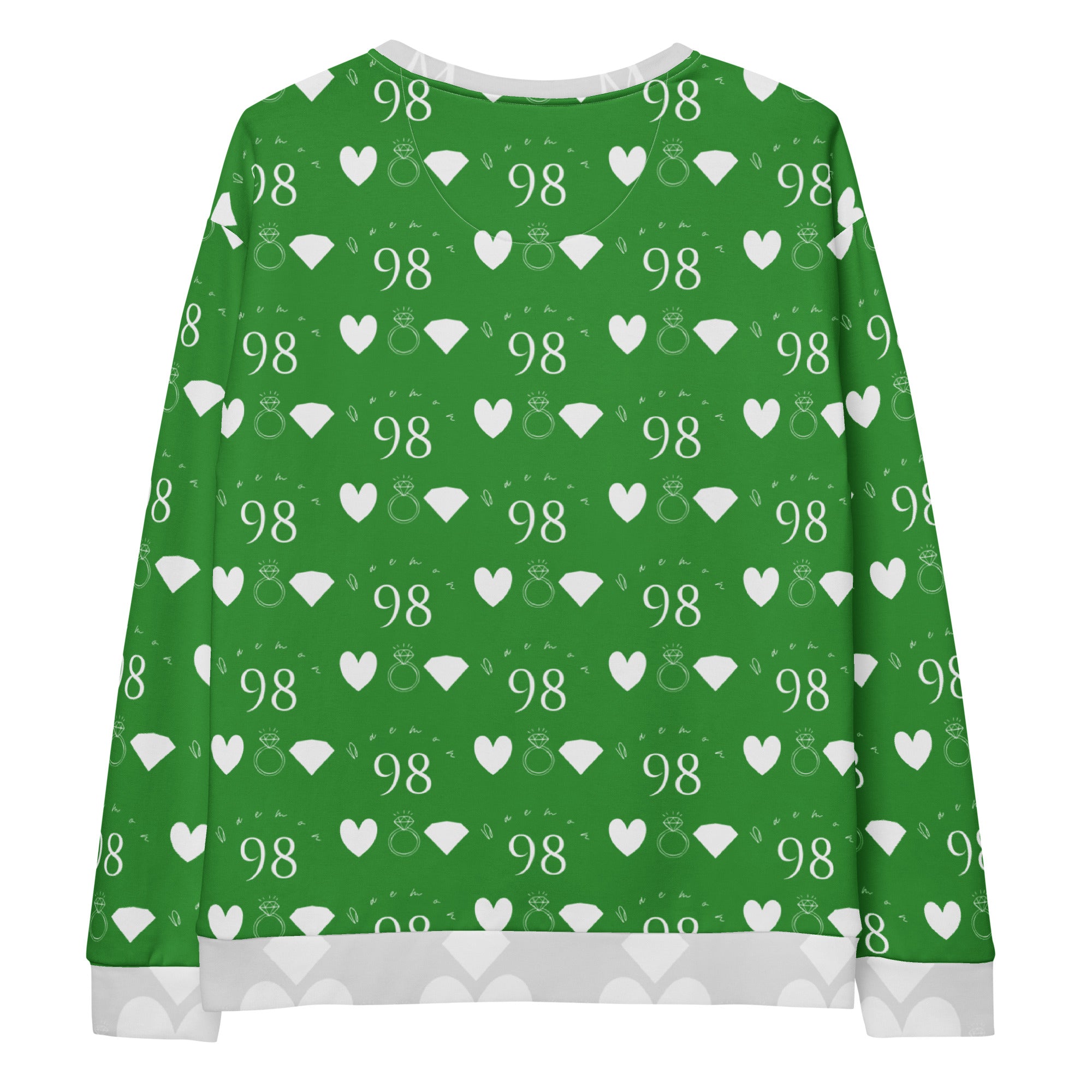 Unisex white recycled Felpa sweatshirt with all-over red garden print by Daemon Luxury, front view showing vibrant design.