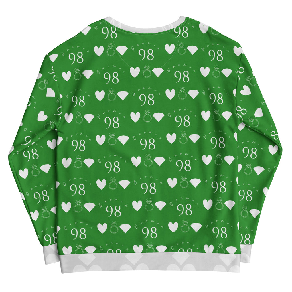 Daemon Luxury Belly Red’s Garden Enriched unisex white recycled sweatshirt with all-over garden print, back view.