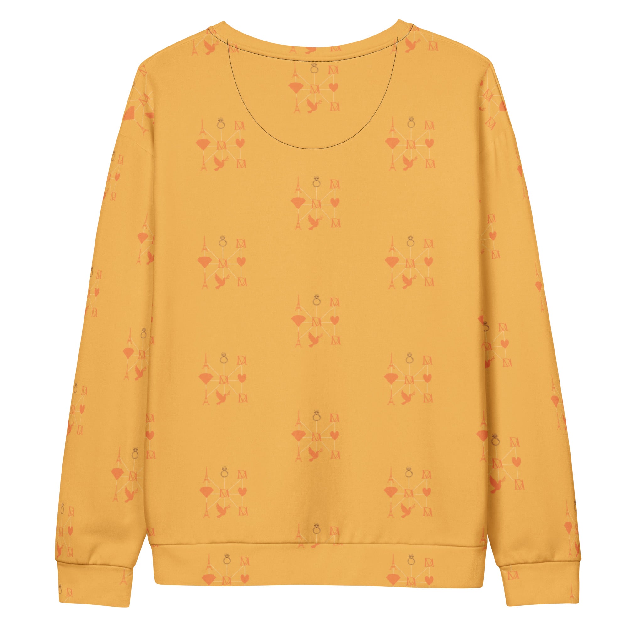 Daemon Luxury Makara Coroner Lucciole Falo all-over-print recycled unisex sweatshirt in white, featuring unique graphic design on the back.