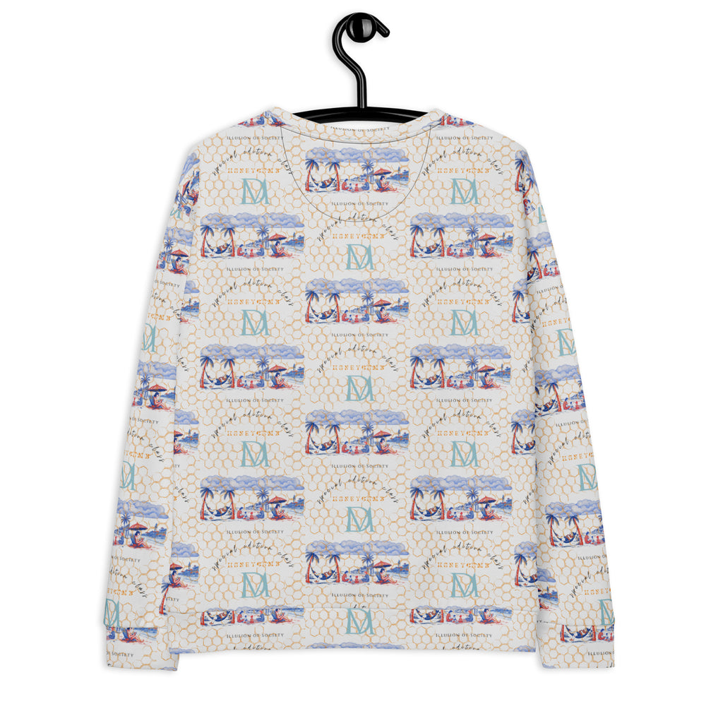 All-over print white Honeybee Intel Felpa sweatshirt by Daemon Luxury featuring recycled fabric and unisex design, back view.