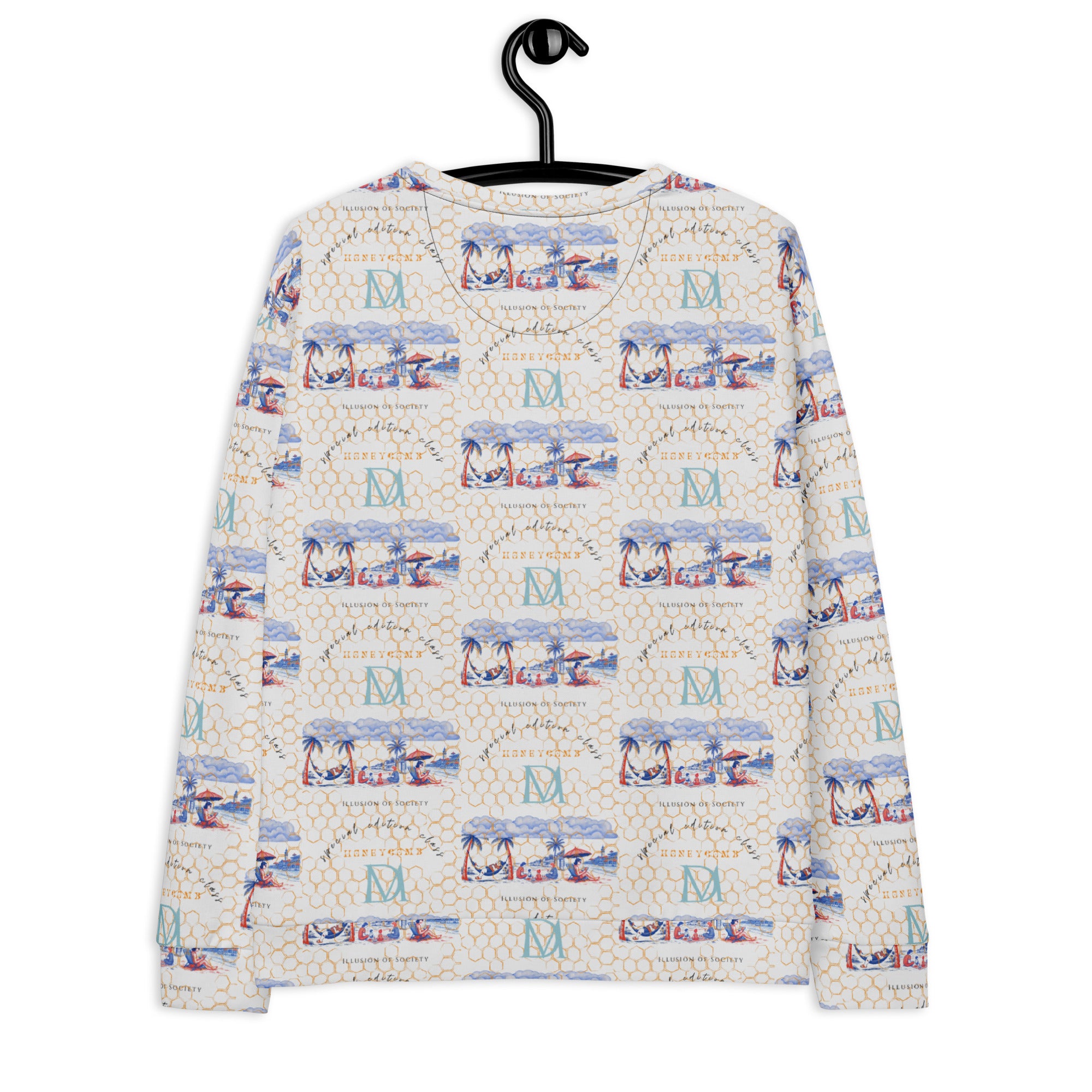All-over print white Honeybee Intel Felpa sweatshirt by Daemon Luxury featuring recycled fabric and unisex design, back view.
