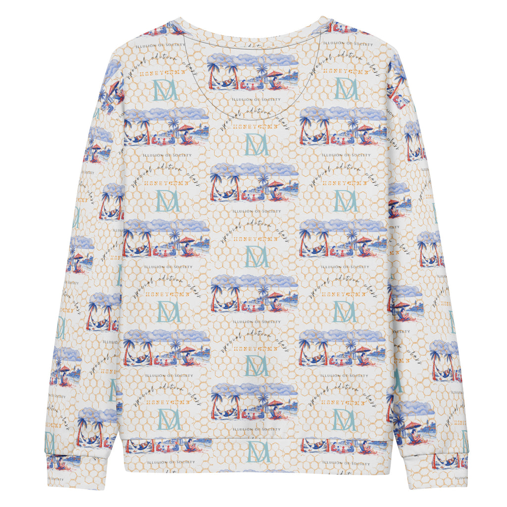 White Honeybee Intel (Forecast) unisex sweatshirt by Daemon Luxury with all-over recycled print, back view showing detailed design.